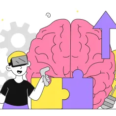 Chłopak w goglach VR składa mózg z puzzli, symbolizując rozwój i zrozumienie neuroatypowości. Obok żarówka i strzałka w górę.