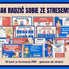 Grafika przedstawia materiały edukacyjne o tym, jak radzić sobie ze stresem, z poradami dotyczącymi diety, snu, hobby i organizacji.