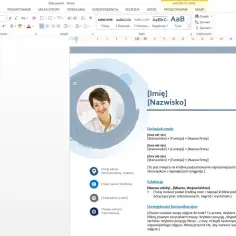 Szablon CV w programie Word z miejscem na zdjęcie, dane kontaktowe i sekcje: doświadczenie, edukacja, umiejętności.