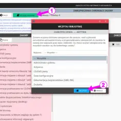 Wybór zabezpieczeń dla zasobów w systemie. Użytkownik może wczytać bibliotekę zabezpieczeń, aby przyporządkować je do zasobów.