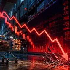 Wózek sklepowy pełen produktów na tle wykresu giełdowego z czerwoną linią spadkową. Eurocash akcje w dół.