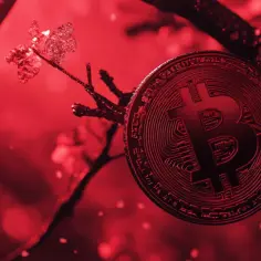 Czerwony Bitcoin wisi na gałęzi, jakby zapowiadał bessę.