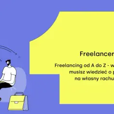 Ilustracja przedstawia, kim jest freelancer: mężczyzna z kotem pracuje na laptopie, otoczony ikonami symbolizującymi pracę zdalną i sukces.