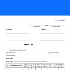Formularz faktury proforma z polami do wypełnienia danych sprzedawcy, nabywcy, numeru faktury, sposobu płatności i tabelą pozycji.