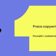 Kobieta z laptopem i żarówką nad głową, symbolizująca pracę copywritera. Tekst: "Praca copywritera. Początki i codzienne wyzwania".