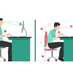 Prawidłowa ergonomia pracy przy komputerze: wyprostowana postawa, wzrok na linii ekranu. Zła postawa: garbienie się, wzrok skierowany w dół.