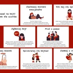Grafika pokazuje 7 sposobów na reakcję na hejt: zachowaj dystans, nie daj się sprowokować, zgłaszaj, proś o pomoc, zachowaj dowody, sprzeciwiaj się i zadbaj o siebie.