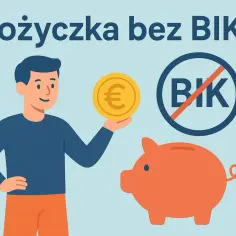 Szybka pożyczka bez sprawdzania zdolności kredytowej. Mężczyzna trzyma monetę euro, obok jest skarbonka i znak zakazu BIK.