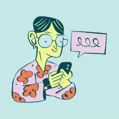 Osoba w okularach i kwiecistej koszuli przegląda telefon, podczas gdy w dymku pojawia się znak zapytania. Czy to prokrastynacja, co to właściwie znaczy?