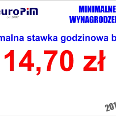 Minimalna stawka godzinowa brutto 14,70 zł. Logo euroPiM. 2019 rok.