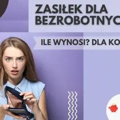 Zaskoczona kobieta pokazuje pusty portfel, zastanawiając się nad zasiłkiem dla bezrobotnych. Czy to kuroniówka wystarczy?