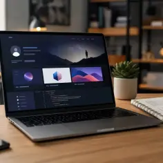 Laptop z interfejsem użytkownika, prezentujący portfolio projektów. Obok kubek, telefon i szkicownik z planami.