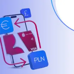 Grafika przedstawia telefon z kartą PKO BP, symbolami euro, funta i PLN. Pokazuje wymianę walut, co może być związane z kursem PKO BP.