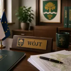 Biurko wójta z tabliczką, flagami Polski i UE, mapą i dokumentami. Zastanawiasz się, ile zarabia wójt?