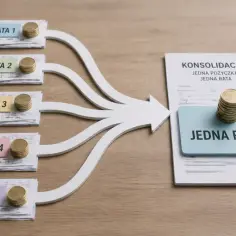 Pięć rat łączy się w jedną, symbolizując konsolidację chwilówek i uproszczenie finansów.