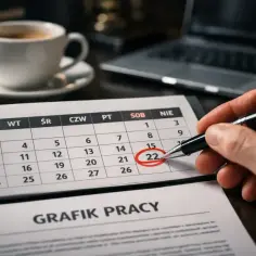 Ręka z długopisem zaznacza datę 22 na kalendarzu. Obok kubek kawy i laptop. Planowanie dni roboczych.