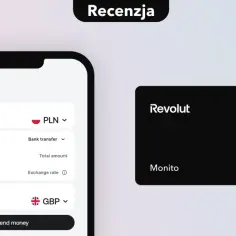 Aplikacja Revolut pokazuje wymianę 1000 zł na 198,58 GBP. Obok czarna karta Revolut Monito.