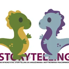 Dwa urocze smoki, zielony i niebieski, rozmawiają, tworząc historię. Pod nimi napis "STORYTELLING".