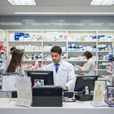 Farmaceuta w białym kitlu pomaga klientce w aptece, gdzie na półkach widać leki. Zastanawiasz się, ile zarabia farmaceuta?