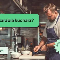 Szef kuchni przygotowuje danie, a pytanie "Ile zarabia kucharz?" wisi w powietrzu.