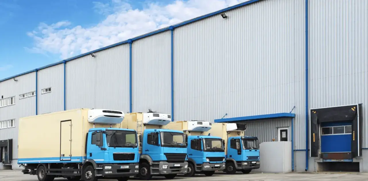 Błękitne chłodnie stojące przed magazynem, gotowe do transportu. Efektywna logistyka w akcji.