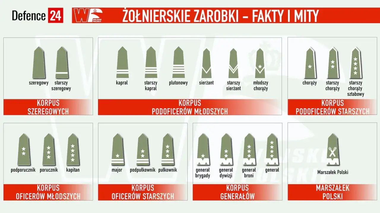 Grafika pokazuje stopnie wojskowe i ich oznaczenia, od szeregowego do Marszałka Polski. Pozwala to zrozumieć, ile zarabia żołnierz na poszczególnych szczeblach kariery.