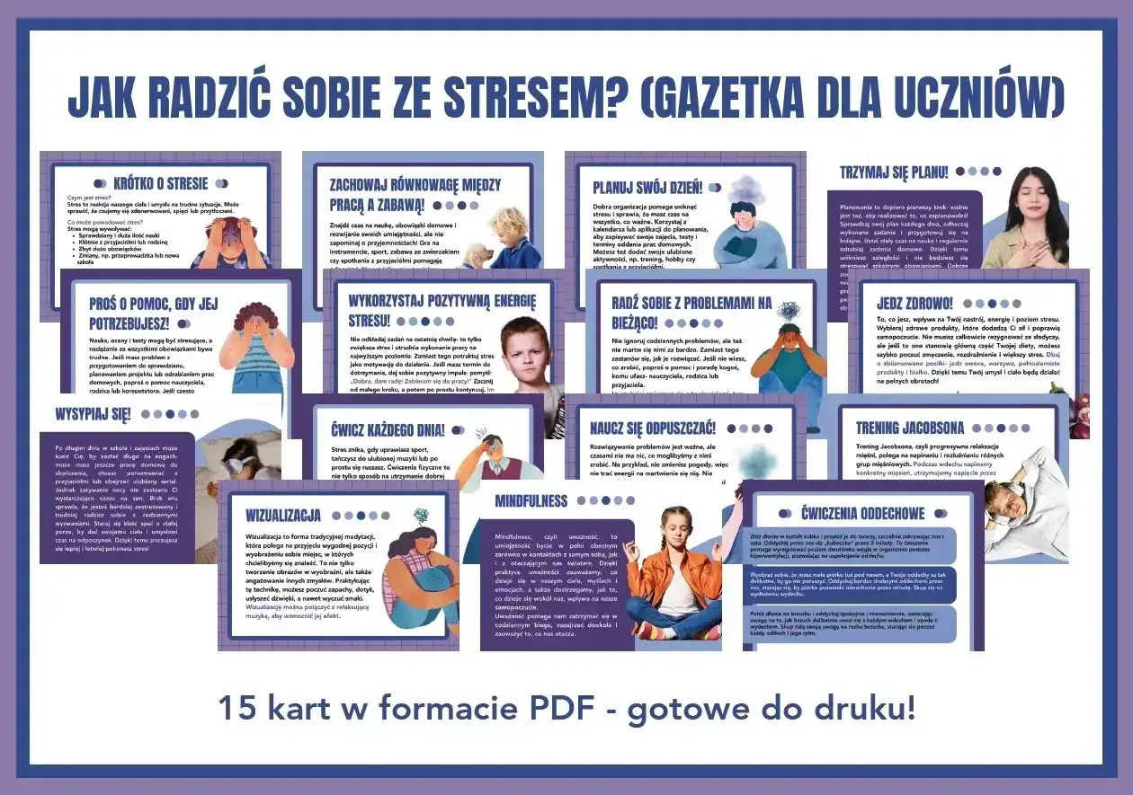 Jak radzić sobie ze stresem? Gazetka dla uczniów. 15 kart PDF. Bez hejtu, z poradami jak zadbać o siebie.
