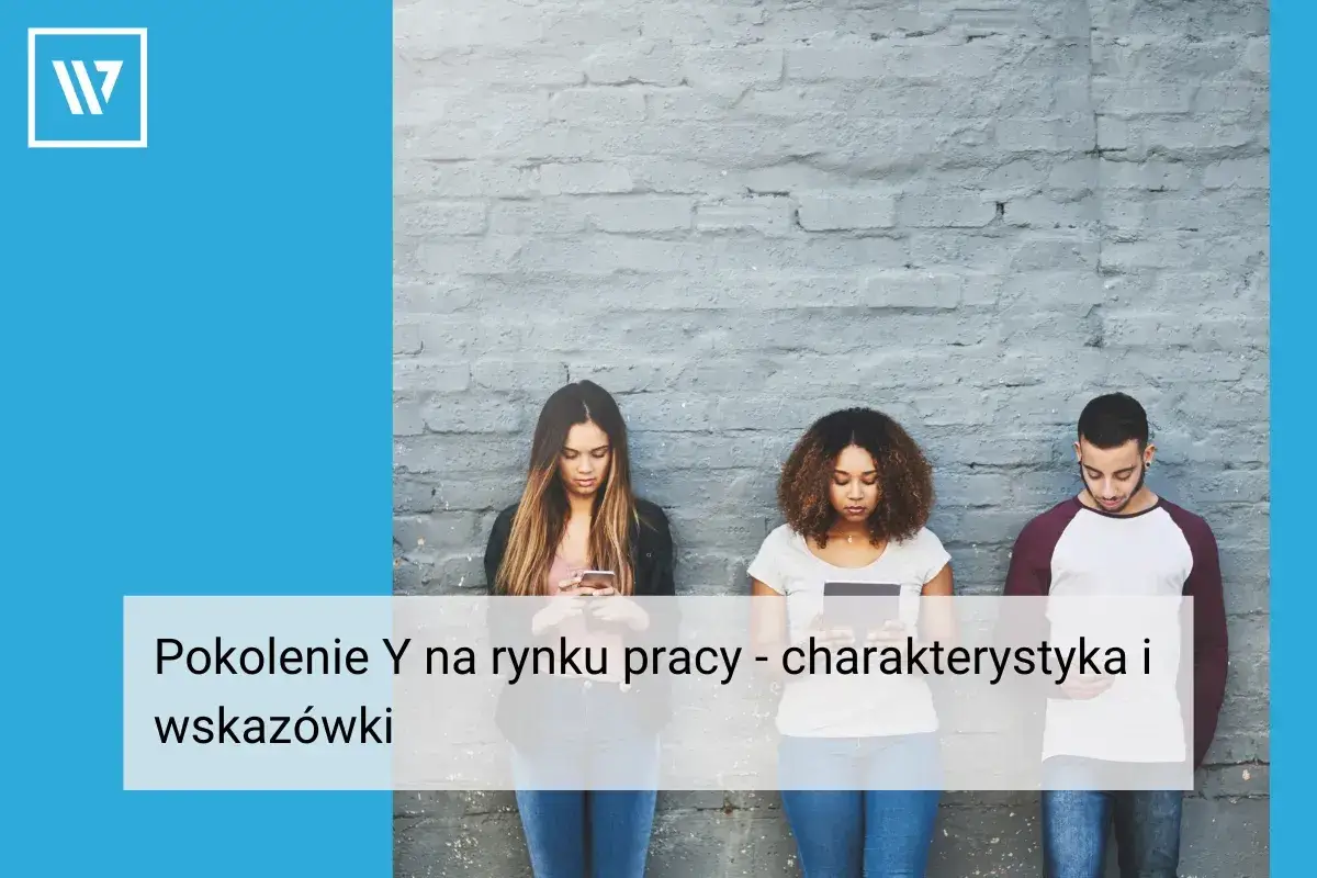 Trzy młode osoby, reprezentujące pokolenie milenialsów, patrzą w swoje telefony. Tekst na dole: