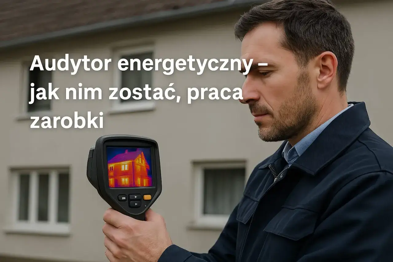 Mężczyzna z kamerą termowizyjną bada dom. To audytor energetyczny, który sprawdza straty ciepła.