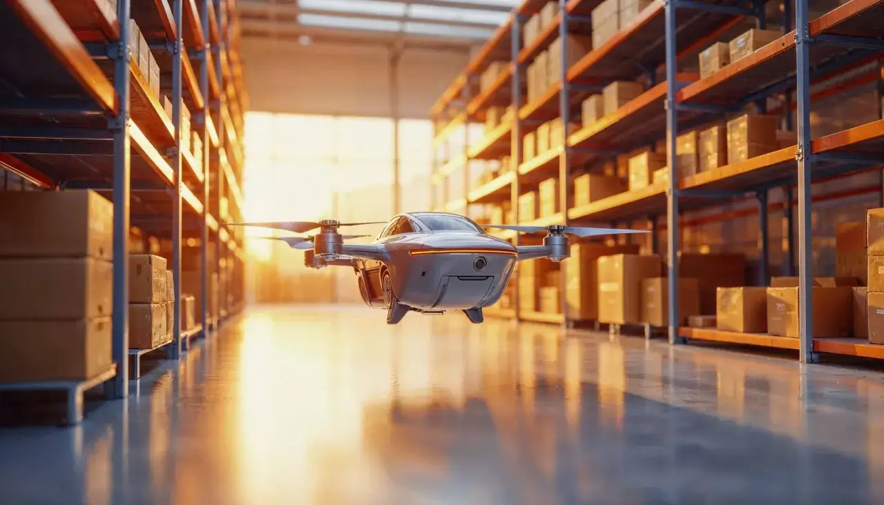 Dron w magazynie, wśród regałów z paczkami, symbolizuje nowoczesną logistykę i automatyzację procesów.