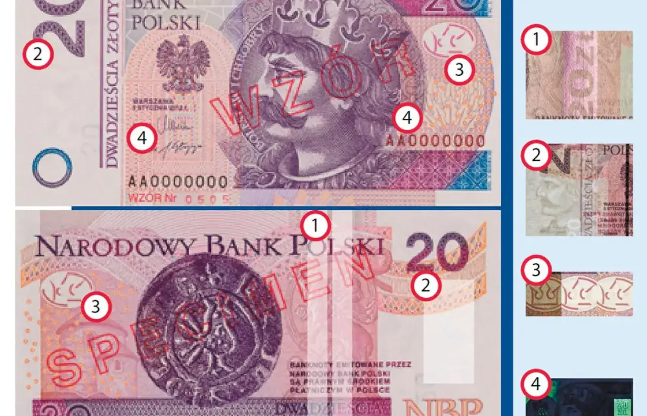 Polski banknot 20 złotych z wizerunkiem króla. Widoczne zabezpieczenia i numer seryjny.