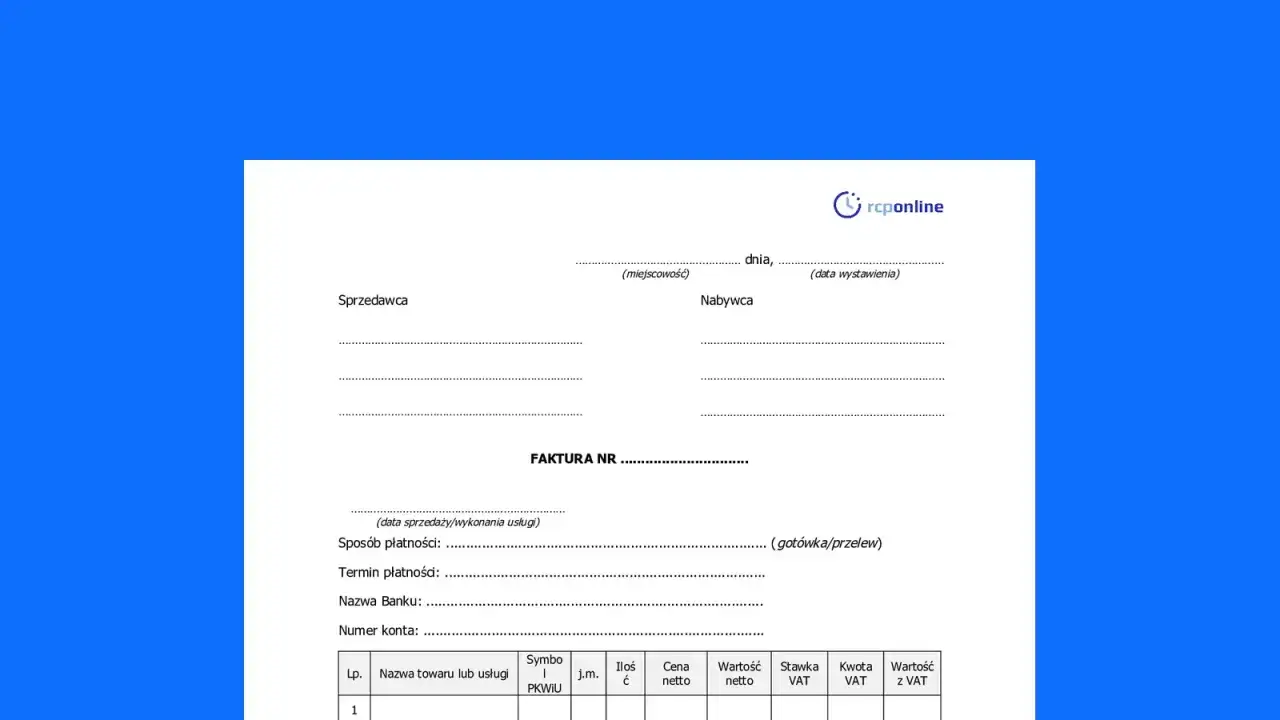 Formularz faktury proforma z polami do wypełnienia: sprzedawca, nabywca, dane transakcji, tabela pozycji.