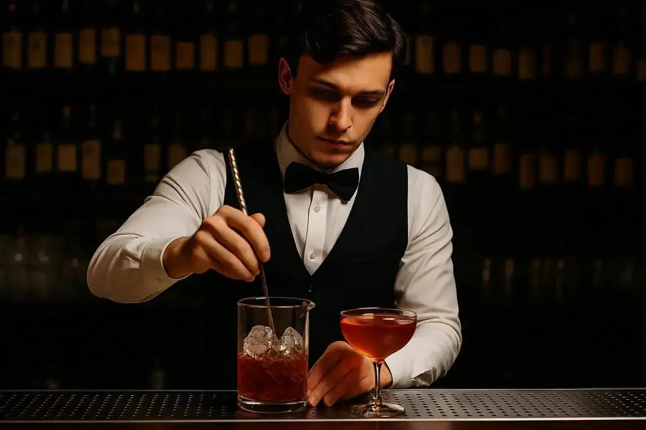 Elegancki barista miesza składniki drinka w szklanicy. Obok gotowy koktajl.
