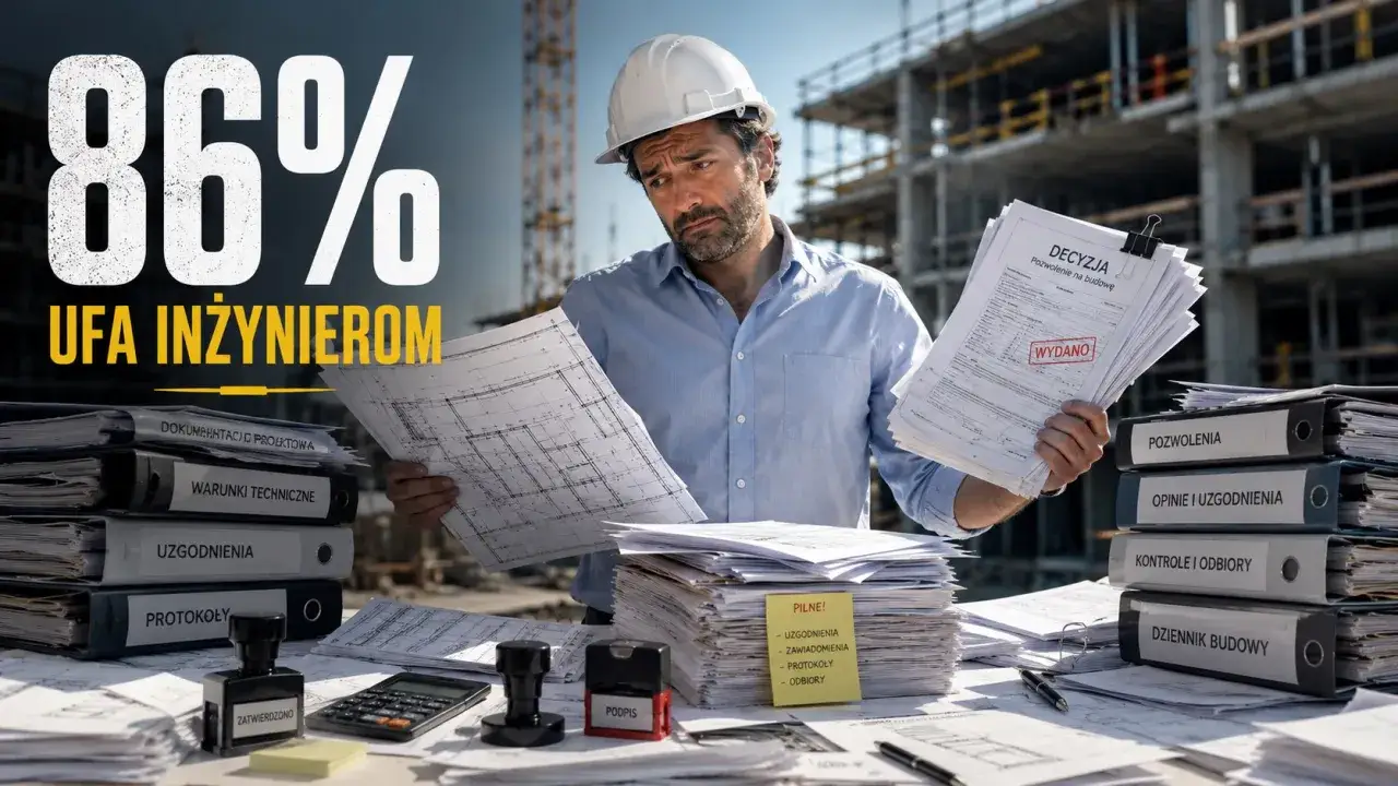 Zamyślony inżynier w kasku analizuje plany budowy. Stosy dokumentów i pieczątki świadczą o jego pracy. 86% ufa inżynierom.