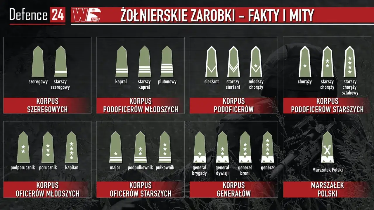 Grafika pokazuje stopnie wojskowe i korpusy, od szeregowego do Marszałka Polski. Kapral to jeden z niższych stopni.