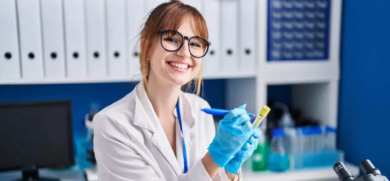 Uśmiechnięta farmaceutka w okularach i rękawiczkach bada próbówkę. Zastanawiasz się, ile zarabia farmaceuta?