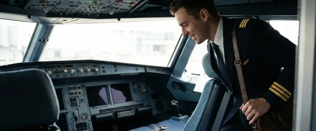 Uśmiechnięty pilot samolotu wchodzi do kokpitu, gotowy do lotu.