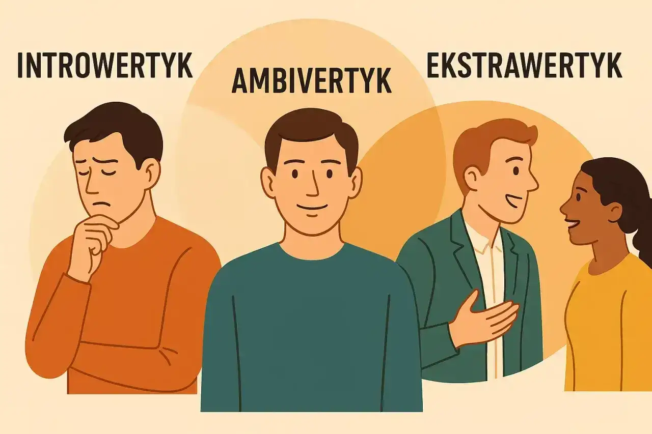 Trzy postacie: zamyślony introwertyk, uśmiechnięty ambiwertyk i rozmawiający ekstrawertyk z kobietą.
