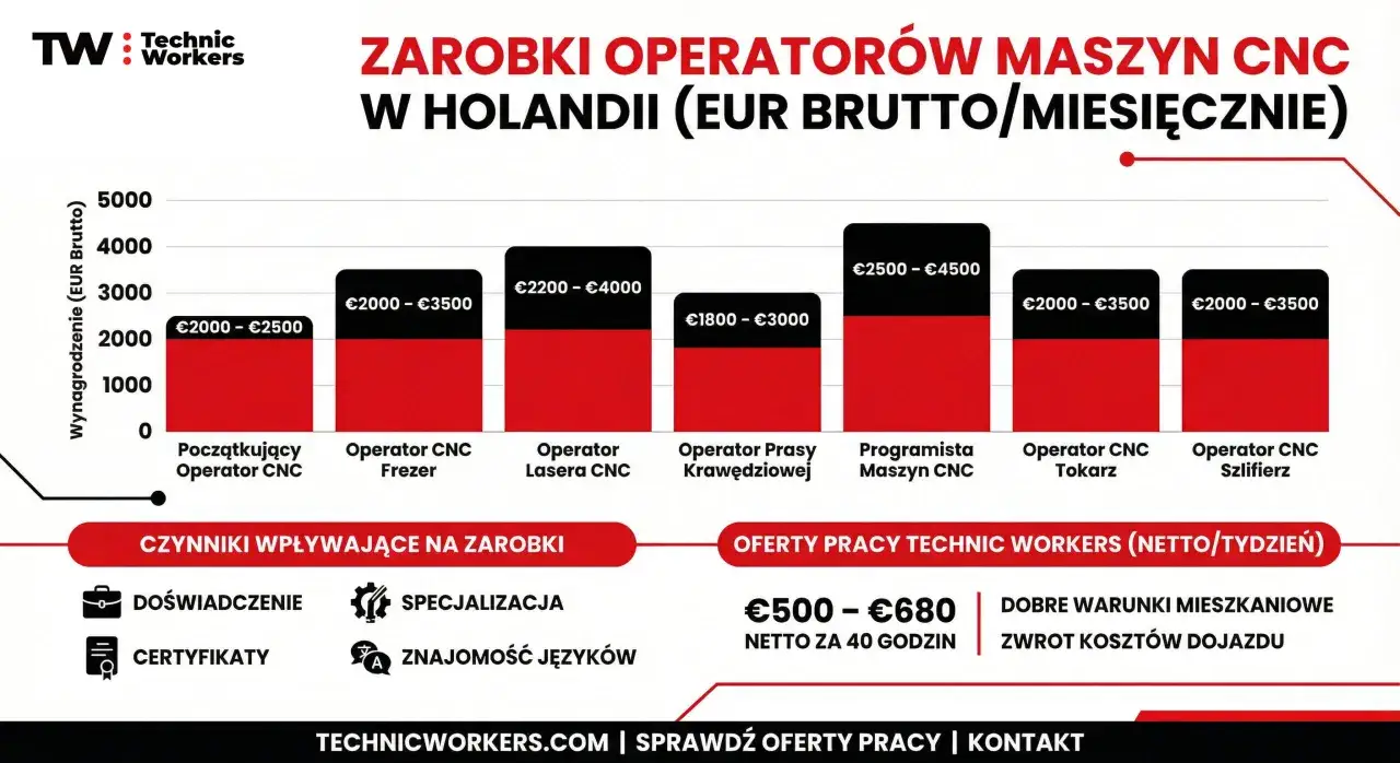 Wykres przedstawia zarobki operatora CNC w Holandii. Różne specjalizacje, jak operator frezarki czy tokarki CNC, mają różne widełki płacowe.